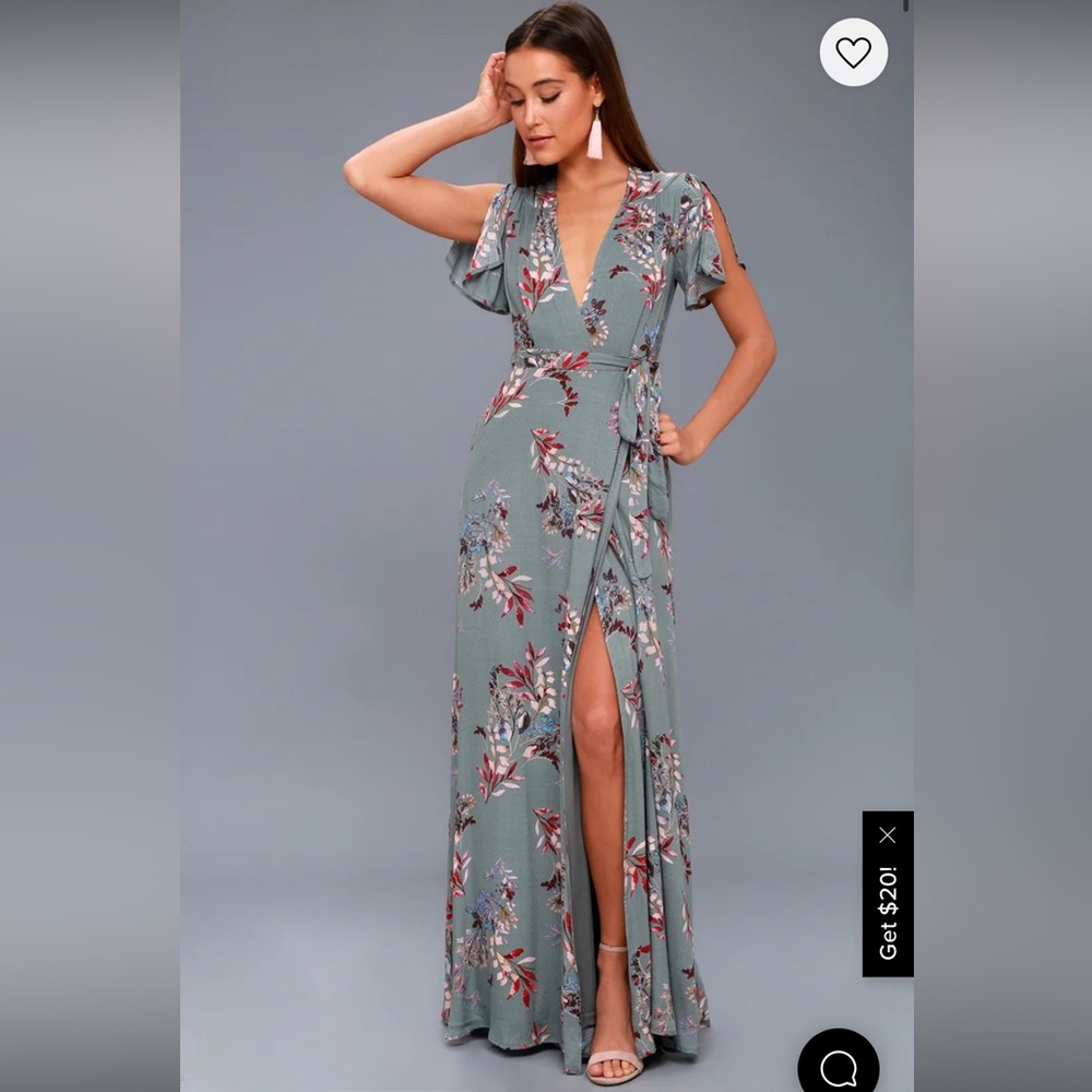 NWT lulus Fiorire Slate Blue Floral Print Wrap Maxi Dress